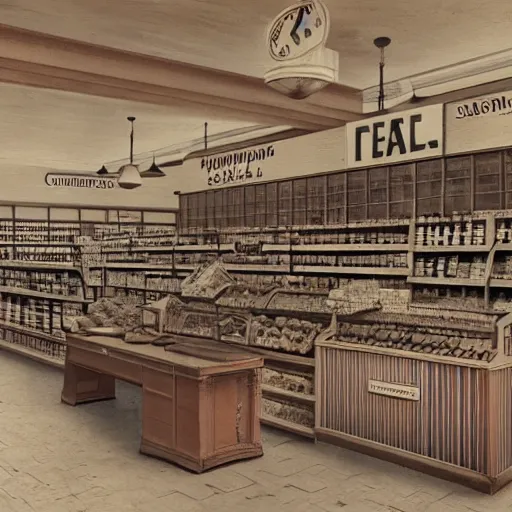 Image similar to the inside of a 1 9 2 8 grocery store with a national cash register from 1 9 0 4 on the desk. hyper - realistic, realistic color 3 d render