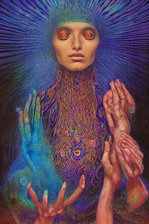 Prompt: mystic cult girl performing third eye ritual, expanding energy into waves into the ethos, epic surrealism oil paint, post modernist layering, by Ernst Fuchs, John Howe highly detailed