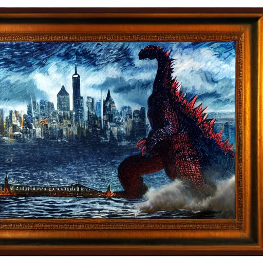 Prompt: godzilla in new york, epic, establishing shot, highly detailed, oil painting by van gogh