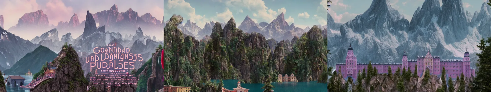 Prompt: mountains, trees, and lake, from the grand budapest hotel