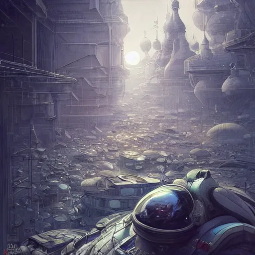 Image similar to It’s crowded streets of Russian Khrushyovkas sleeping quarters on the Moon city, Norilsk, sci-fi, fantasy, intricate, very very beautiful, elegant, highly detailed composition, digital painting, artstation, concept art, smooth, sharp focus, illustration, art by artgerm and greg rutkowski and alphonse mucha