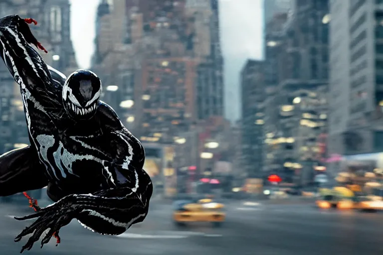 Prompt: Venom swinging through New York by Emmanuel Lubezki