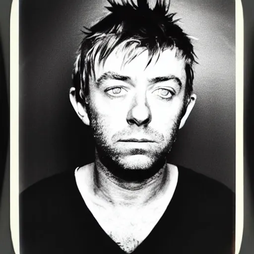 Image similar to Mugshot Portrait of Damon Albarn, taken in the 1970s, photo taken on a 1970s polaroid camera, grainy, real life, hyperrealistic, ultra realistic, realistic, highly detailed, epic, HD quality, 8k resolution, body and headshot, film still, front facing, front view, headshot and bodyshot, detailed face, very detailed face