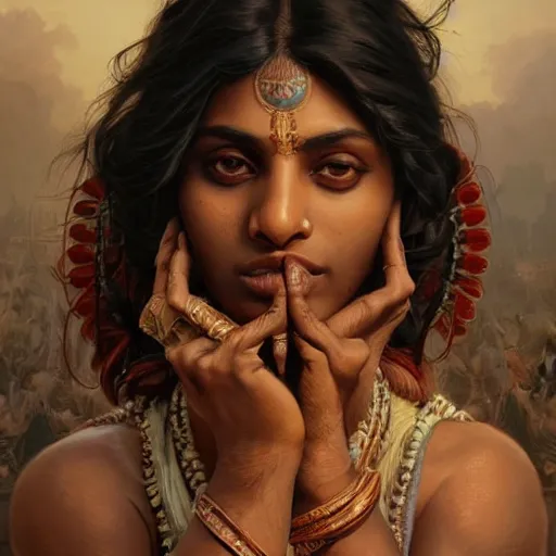 Image similar to portrait painting of dark muscular indian women kissing, ultra realistic, concept art, intricate details, eerie, highly detailed, photorealistic, octane render, 8 k, unreal engine. art by artgerm and greg rutkowski and alphonse mucha