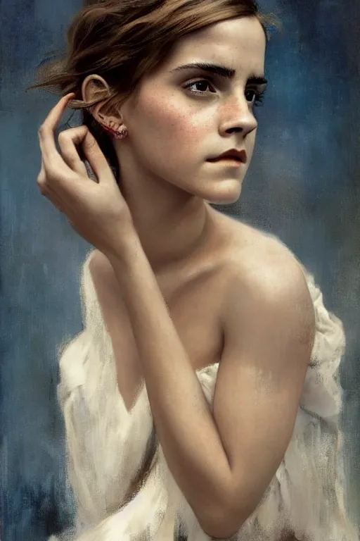 Prompt: emma watson gathered faille v - neck detailed portrait painting by gaston bussiere craig mullins j. c. leyendecker award winning photograph photorealsitic octane render photograph by richard avedon peter lindbergh