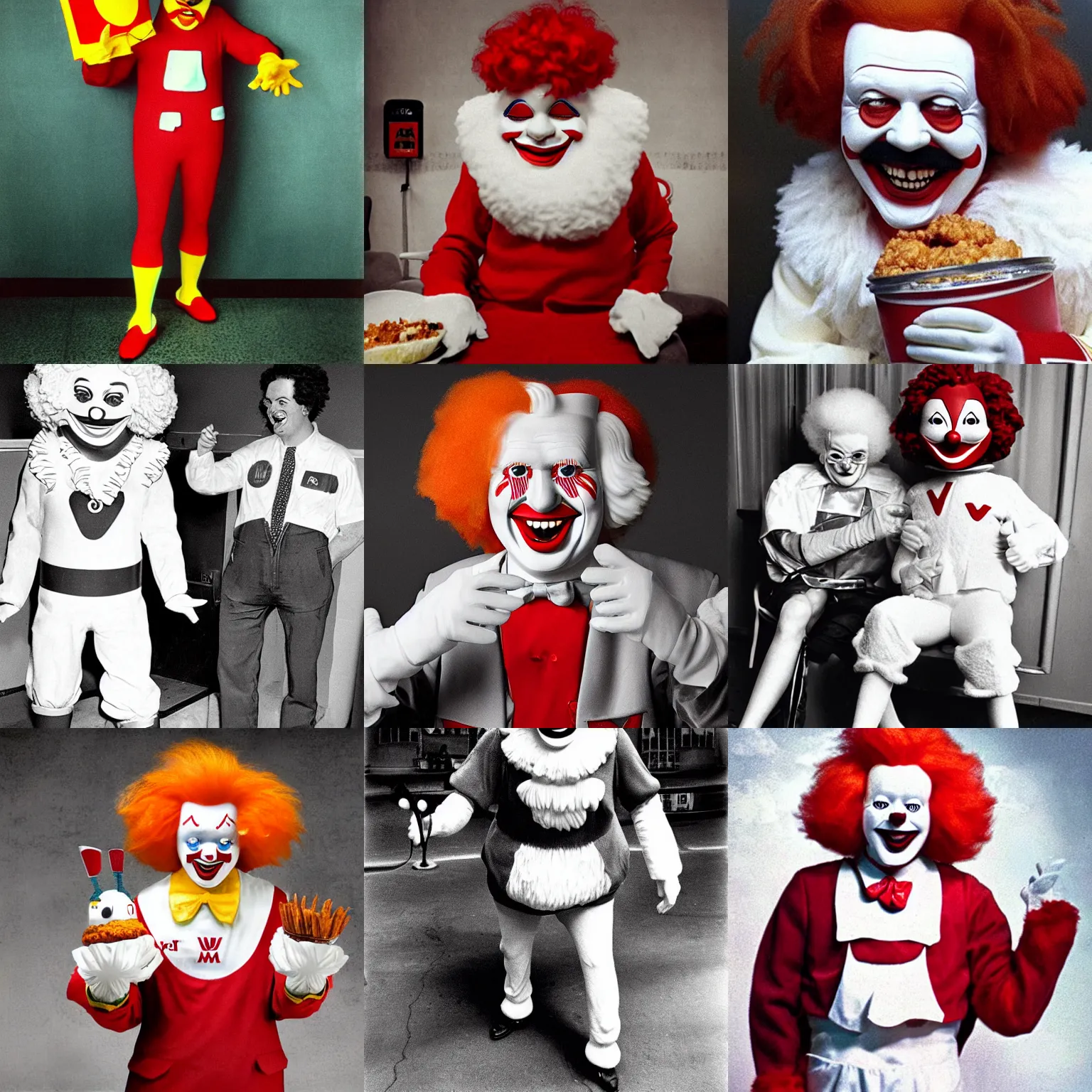 Prompt: Creepy photo of Ronald McDonald as KFC Mascot