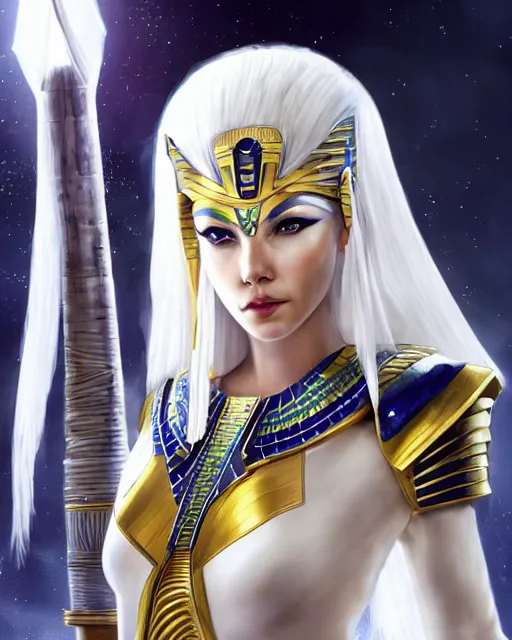 Image similar to perfect white haired attractive egyptian goddess, warframe armor, pharaoh headdress, beautiful, symmetric, dreamy, half asian, pretty face, green eyes, charlize theron, detailed, scifi platform, laboratory, experiment, 4 k, ultra realistic, epic lighting, android body, illuminated, cinematic, masterpiece, art by akihito tsukushi, voidstar