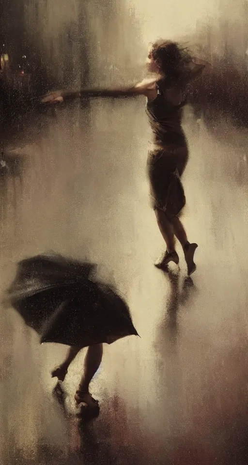 Image similar to painting of a beautiful girl, dancing in the rain, by Jeremy Mann and Jason Jenicke, 70mm, cinematic, highly detailed, stylized, loose brush strokes, intricate, realistic, exaggerated lighting, dramatic lighting, sense of scale, sense of movement, sensual