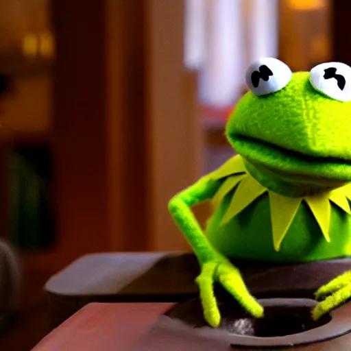 Prompt: Kermit the frog as a sock puppet, ringing a bell, high definition, award winning