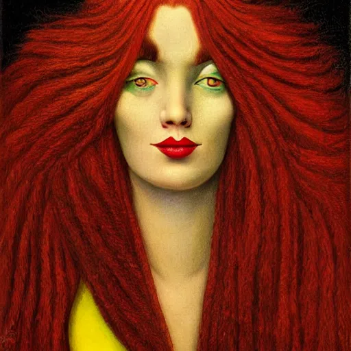 Prompt: Portrait of a beautiful Woman with red hair, yellow eyes by Michael Hutter