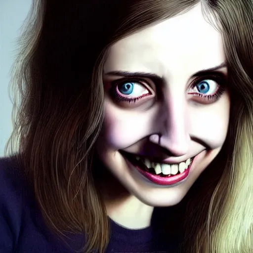 Prompt: gorgeous female Alison Brie, horror movie slasher, slasher movie, realistic character concept, violent pose, creepy smile, shorter neck, illustration, symmetrical face and body, realistic eyes, cinematic lighting, hyperdetailed, detailed realistic symmetrical eyes, face by artgerm, symmetrical nose, high resolution, Charlie Bowater, Tom Bagshaw, single face, insanely detailed and intricate, beautiful, elegant, dark living room background