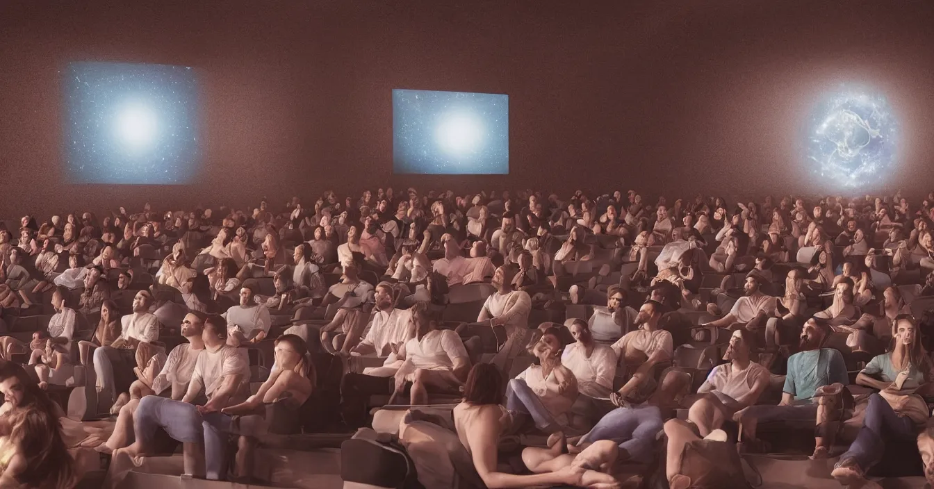 Image similar to Human egos are trapped in the illusion of physical reality, sitting in a movie theater, watching the light of consciousness project their lives onto a giant screen, realistic image full of sense of spirituality, life meaning, meaining of physical reality, happy atmosphere, render in Vray
