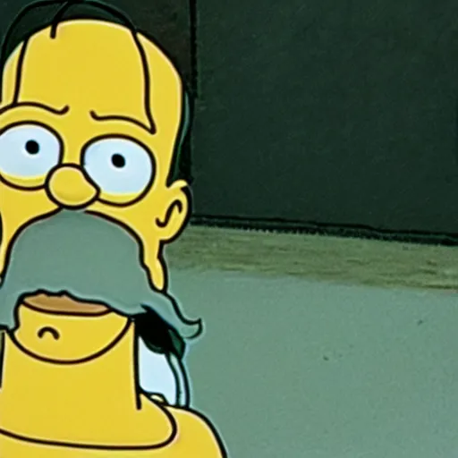 Prompt: A still image of Homer Simpson in a horror movie The Ring (1998)