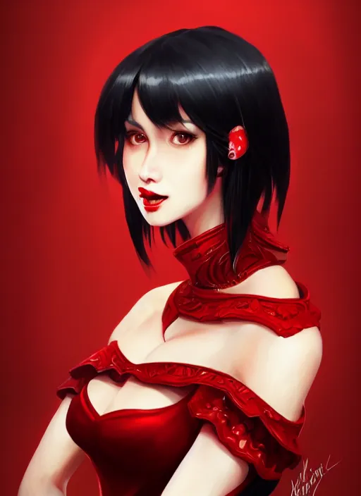Image similar to a highly detailed illustration of hime cut black haired woman wearing red dress, dramatic smiling pose, perfect face, perfect body, intricate, elegant, highly detailed, centered, digital painting, artstation, concept art, smooth, sharp focus, league of legends concept art, wlop