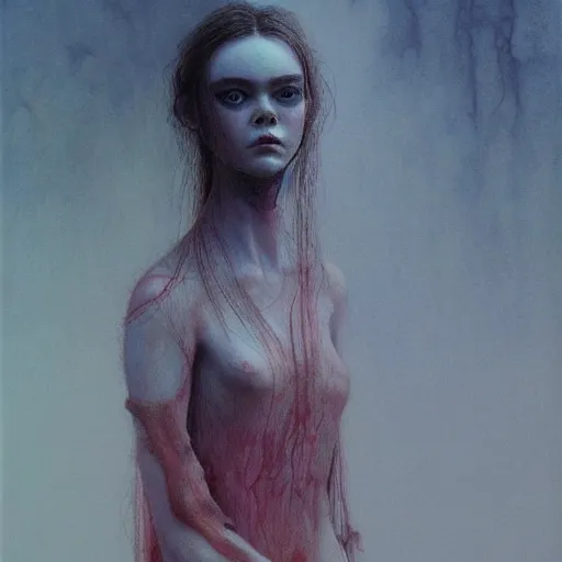 Prompt: Elle Fanning in a dark fantasy setting, intricate, smooth, artstation, painted by Wayne Barlowe, zdislav beksinski