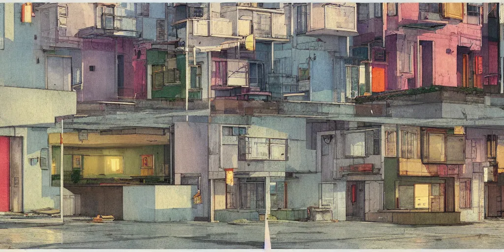 Image similar to neo brutralism, concrete housing, concept art, colorful, 3D, in the style of Akihiko Yoshida and Edward Hopper