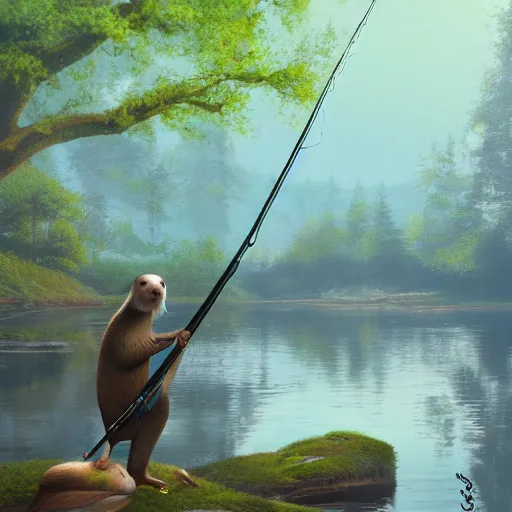 Image similar to painting of otter-fishman with fishing rod, stylized, octane render, morning forest river