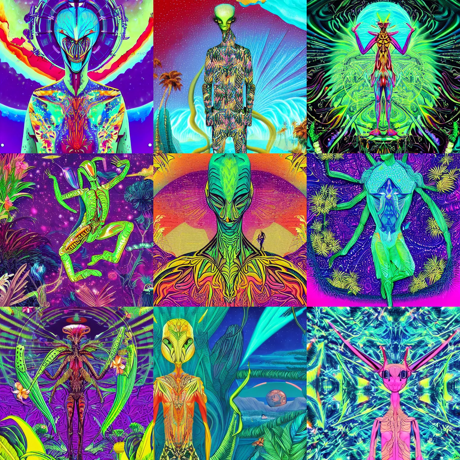 Prompt: a detailed digital art of a highly fashionable extraterrestrial alien ethnobotanist mantis wearing cyberdelic hawaiian clothing tropical beach volcano galaxy background by william blake and kubrick, artstation, vivid colors, majestic, profound, award - winning art, deviantart