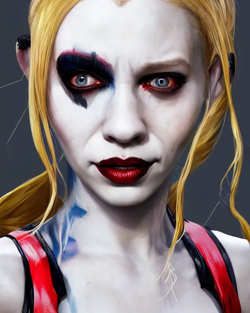 Image similar to harley quinn spider queen portrait, au naturel, hyper detailed, digital art, trending in artstation, cinematic lighting, studio quality, smooth render, unreal engine 5 rendered, octane rendered, art style by klimt and nixeu and ian sprigger and wlop and krenz cushart.