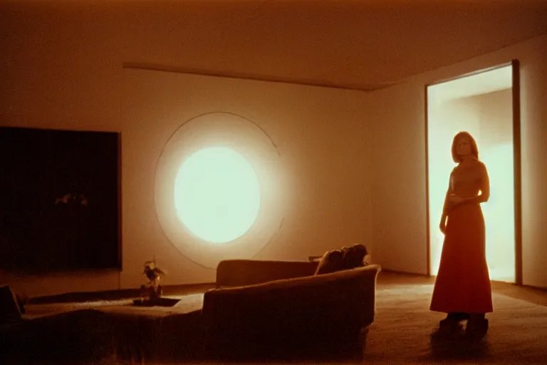 Prompt: backlit photograph of young woman standing in front of monolith radiating neutrinos in suburban living room, crisp focus, highly detailed, in roger deakins style, 3 5 mm ektachrome