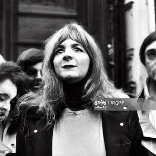 Prompt: French pop star Daphne LaCroix argues in favor of worker\'s rights with German New-Trad Intellectuals in Berlin, March, 1978, watermark free