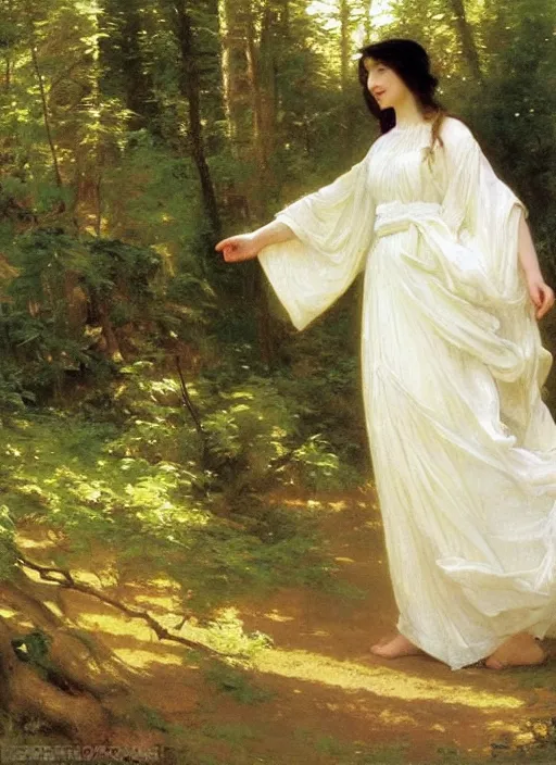 Image similar to a woman with long flowing hair and a flowing white dress in a forest by robert mccall, william - adolphe bouguereau