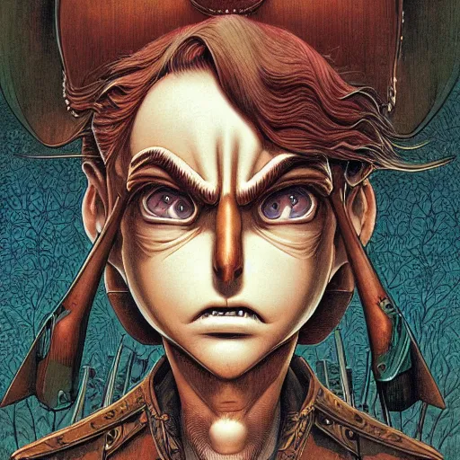 Prompt: portrait of crazy pinocchio, symmetrical, by yoichi hatakenaka, masamune shirow, josan gonzales and dan mumford, ayami kojima, takato yamamoto, barclay shaw, karol bak, yukito kishiro