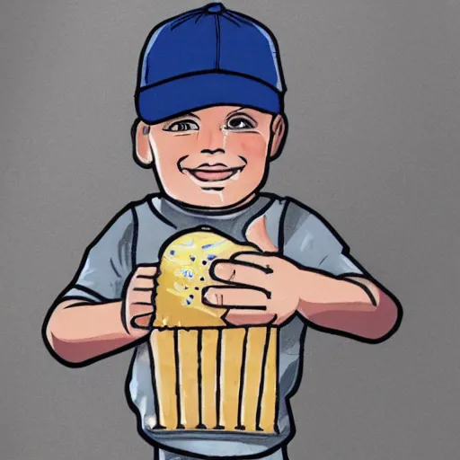 Image similar to a street artist cartoon drawing of a boy in a baseball cap holding an ice cream cone
