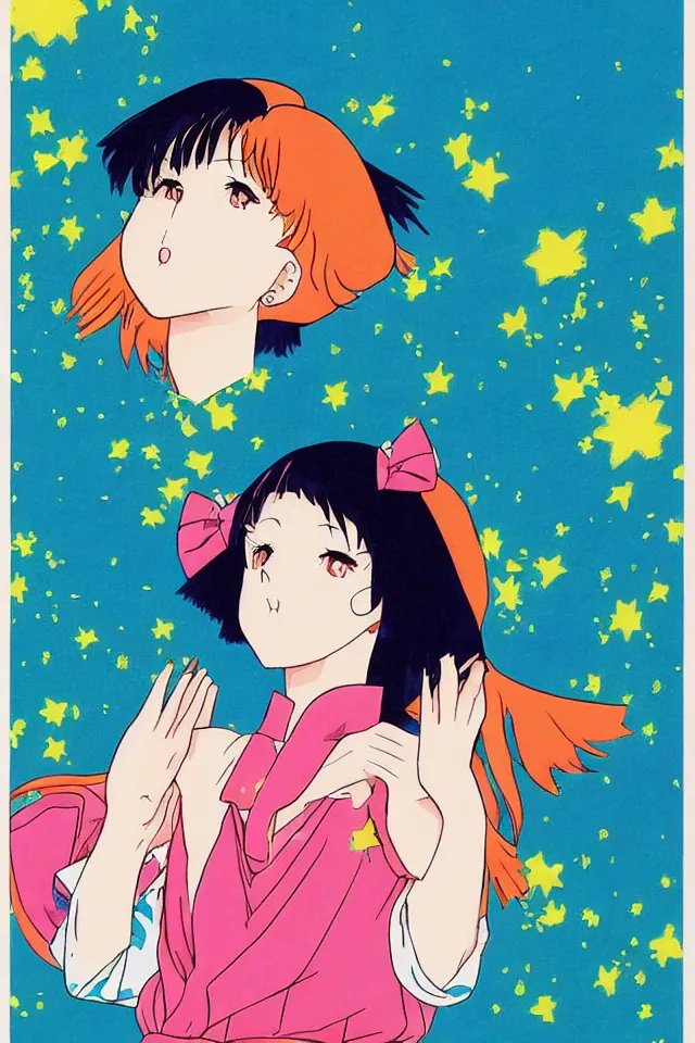 Image similar to a portrait of a shiba inu, in the art style of 8 0 s anime, japanese city pop color palette, highly detailed, naoko takeuchi, hajime yatate