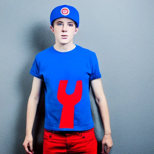Image similar to a full body shot of an average white, short teenage boy with blue colored hair, wearing a red backwards cap, white t - shirt with a red no symbol on it, blue long pants and red shoes, holding a microphone, studio lighting, photoshoot, grey background