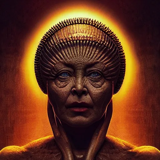 Prompt: BADASS FILTERS AND EFFECTS EFFECTS, FEATURED ON CG SOCIETY, CGI, HYPER REALISTIC VFX SIMULATION of THE QUEEN OF THE SUN BY ZDZISŁAW BEKSIŃSKI, H.R. GIGER AND JEFFREY SMITH, INCREDIBLY HIGHLY INTRICATELY DETAILED 3D OCTANE RENDER