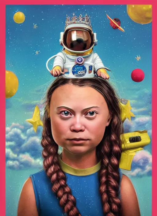 Image similar to closeup face profile portrait of tin toy greta thunberg as an astronaut princess wearing a crown eating cakes, bikini, depth of field, zeiss lens, detailed, symmetrical, centered, fashion photoshoot, by nicoletta ceccoli, mark ryden, lostfish, breathtaking, 8 k resolution, extremely detailed, beautiful, establishing shot, artistic, hyperrealistic, octane render