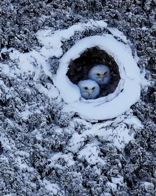 Prompt: a snowy owl's nest in the alps, zoomed out, shot from drone, iphone capture