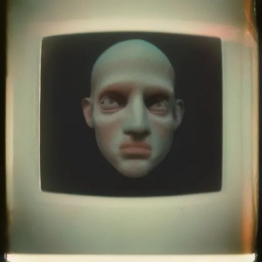 Image similar to a man with slightly distorted facial features, creepy, unsettling, uncanny valley!!!, old polaroid, expired film,