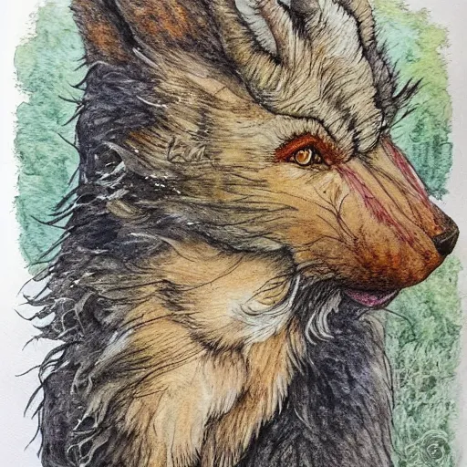 Image similar to werewolf royalty, traditional art, very fine detail and texture, in the style of beatrix potter, watercolor, colored pencil, ink, intricate details