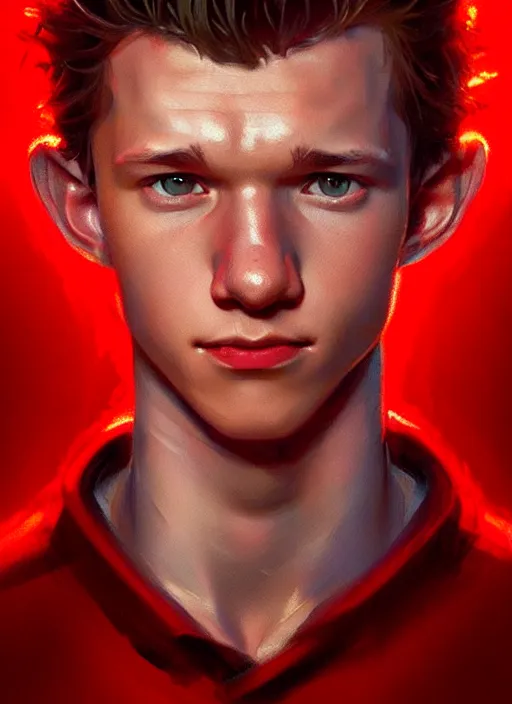 Image similar to portrait of tom holland, hazel eyes, red shirt, intricate, elegant, glowing lights, highly detailed, digital painting, artstation, concept art, smooth, sharp focus, illustration, art by wlop, mars ravelo and greg rutkowski