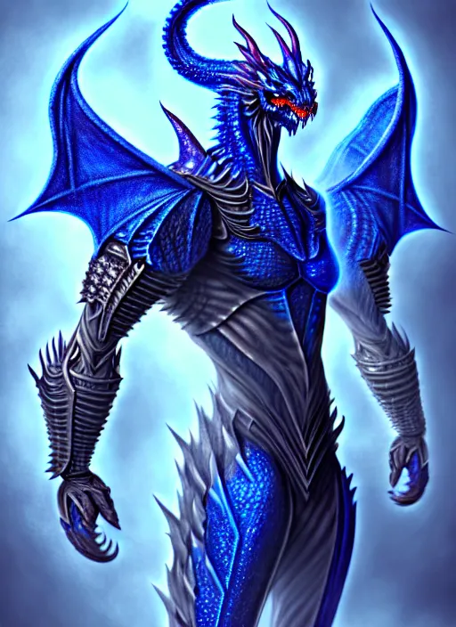 Image similar to muscular and tall blue ghostly fire humanoid dragon!!!! draconian!! intricate ornate iridescent heavy armor!! character concept art, sharp focus, octane render! unreal engine 5! highly rendered!! trending on artstation!! detailed linework!! illustration by artgerm, wlop, and chie yoshii