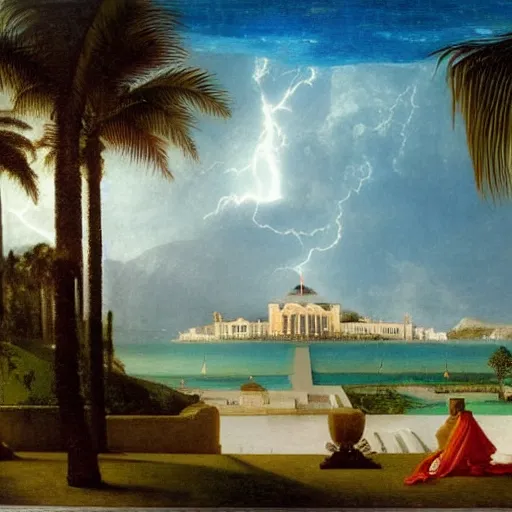 Prompt: Palace floating in the sky, 1km tall, thunderstorm, greek pool, beach and palm trees on the background major arcana sky, by paul delaroche, hyperrealistic 4k uhd, award-winning very detailed