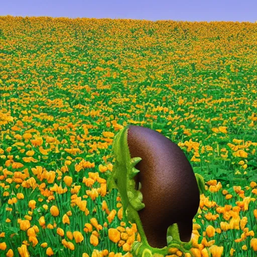 Image similar to A gelatinous monster roaming threw a flower field, landscape