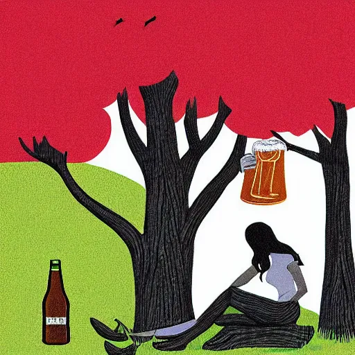 Prompt: “ girl drinking a beer under a tree, illustration by evan m. cohen ”