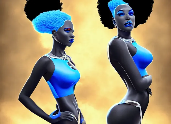 Image similar to a black woman with blue hair wearing a futuristic outfit by osborne macharia, trending on behance, afrofuturism, futuristic, airbrush art, future tech