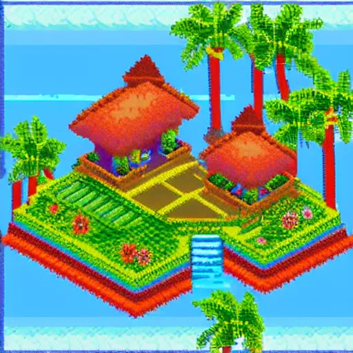 Prompt: A pixel art of tropical Island with a Resort, Tahiti