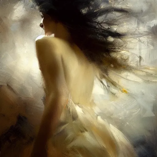 Image similar to painting of a beautiful Harpey, dancing on a cloud, by Jeremy Mann and Jason Jenicke, detailed, stylized, loose brush strokes, intricate, realistic, exaggerated lighting, sense of scale, ferocious, sensual