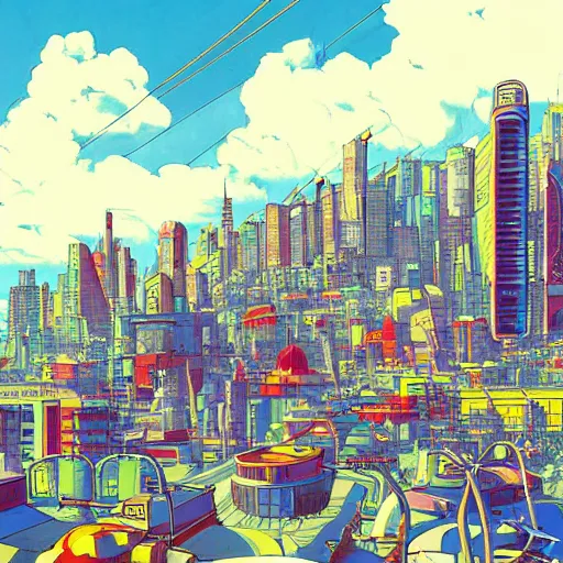 Image similar to futuristic city on a mountainside, red - yellow - blue buildings, city, cel - shaded, raytracing, cel - shading, toon - shading, 2 0 0 1 anime, flcl, jet set radio future, drawn by artgerm