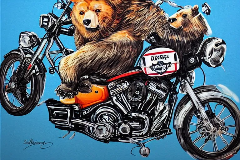 Image similar to a bear riding a Harley Davidson by Sandra Chevrier