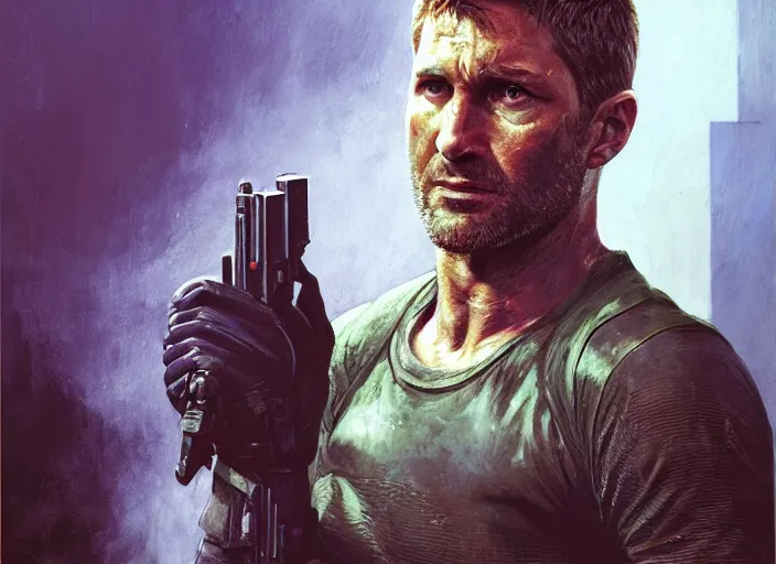 Image similar to sam fisher knocking out guard ( blade runner 2 0 4 9, dystopian, cyberpunk 2 0 7 7 character design ). portrait by james gurney and laurie greasley, oil on canvas. cinematic, hyper realism, realistic proportions, anatomy, dramatic lighting, high detail 4 k