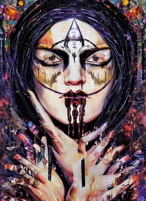 Image similar to beautiful tripping cult magic psychic woman, subjective consciousness psychedelic, epic occult ritual symbolism story iconic, dark robed witch, oil painting, robe, symmetrical face, greek dark myth, by Sandra Chevrier, Johanna Martine, masterpiece