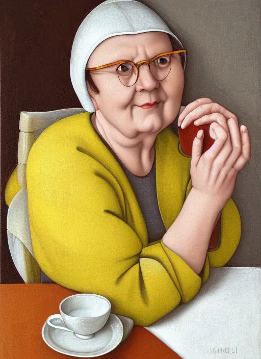 Prompt: portrait of a beautiful finnish middle aged woman sitting in a table with a hot cup of tea, small wide smile, mandel eyes, glasses, small plump lips, oval face, wrinkled big cheeks, brown and grey short hair, calming white background of a kitchen with yellow flowers, cheerful colours, oil painting, sharp focus, artstyle of michelangelo