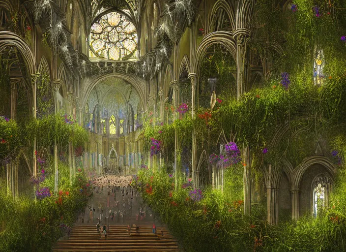 Prompt: An ultra-detailed illustration of a cathedral interior, high ceiling, overgrown with moss, colorful flowers and lush plants, vines hanging down from the tall ceiling, digital art, trending on Artstation, matte painting, detailed