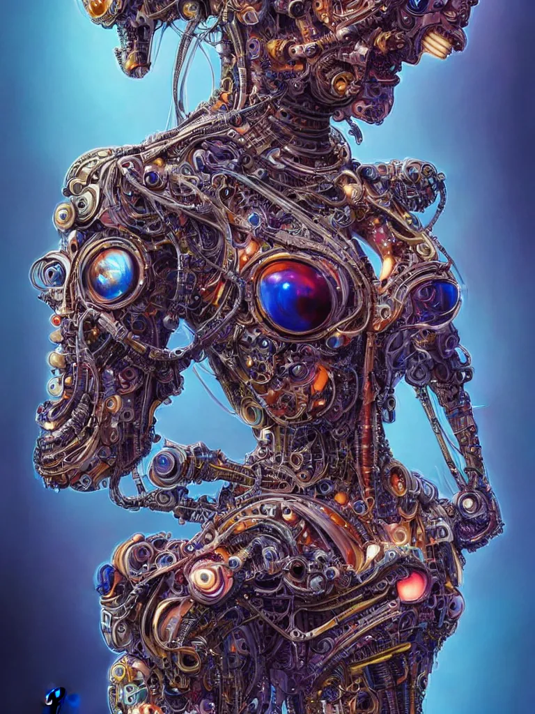 Image similar to full lenght shot woman in biomechanical dress, wearing epic bionic cyborg implants of different colors, detailed intricate ornate cables, by dan mumford and naoto hattori, masterpiece, intricate, elegant futuristic wardrobe, highly detailed, artstation, concept art, background galaxy, cyberpunk colors, art by artgerm and james jean and nick sullo